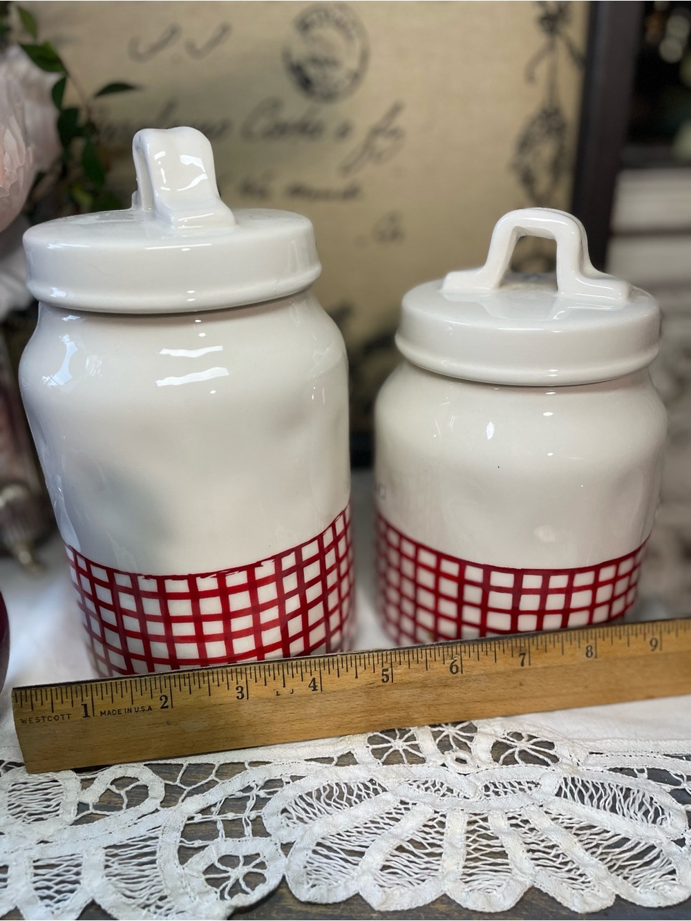 Rae Dunn white red plaid gingham ceramic canister set - Picture 4 of 6